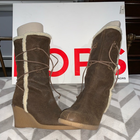 Michael Kors Leather Laced Rubber Wedge Boots - Picture 1 of 8